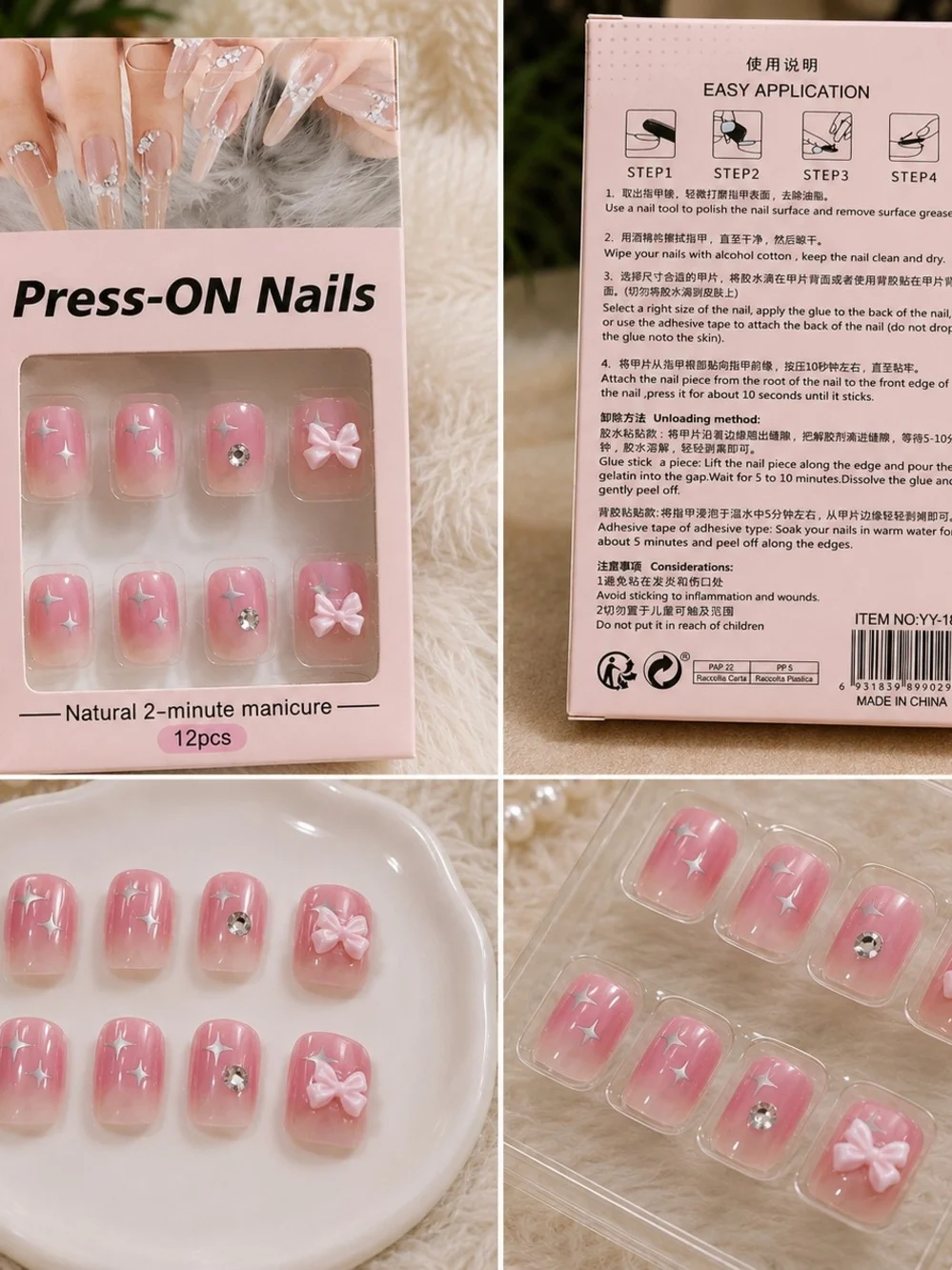 Pink Press-On Nails 12pc Star Rhinestone & Bow Design